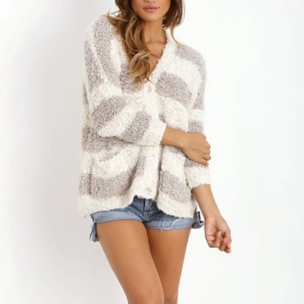 Free People Marshmallow Cardigan Sweater in Ivory/Tan Stripe Size Medium